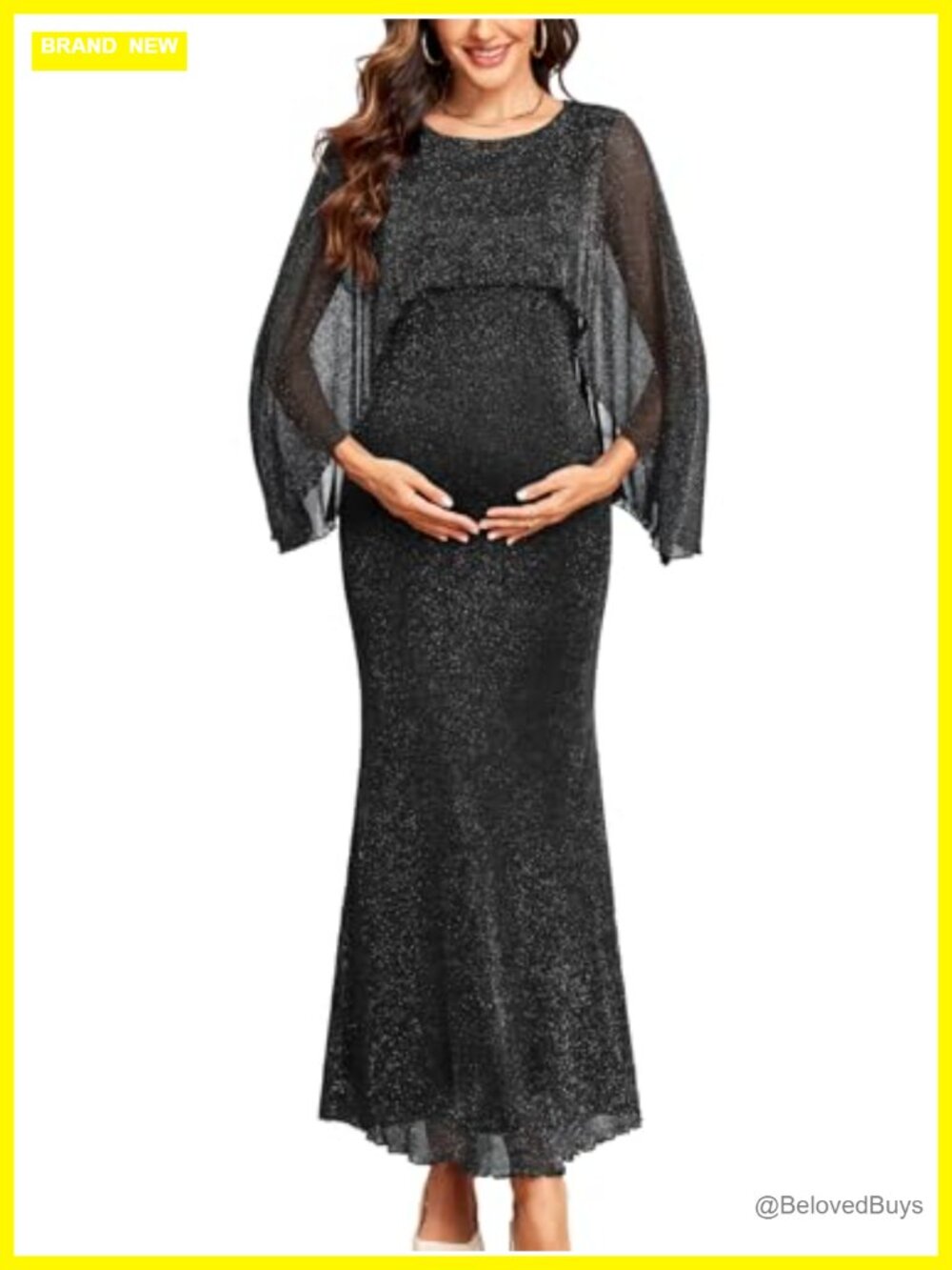 Maternity Sparkly Cape Mesh Maxi Mermaid Bodycon Dress Formal Gown